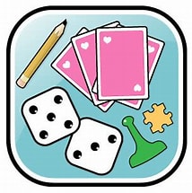 Pencil, dice, playing cards, puzzle piece, and a game board place holder shown together representing a variety of games.