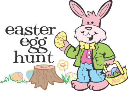 A friendly Bunny holding a colored egg in an outdoor setting with the words "Easter Egg Hunt" above a tree stump on the left.