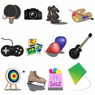 Twelve thumbnail pictures inside of a square, each representing an interest or hobby: ping-pong ball and paddles, camera, chess pieces, painter's pallette. movie reels, stamp collecting, balloons, guitar, archery target, ice-skate, shopping bag, and kite.