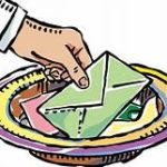 Round collection plate shown with a hand reaching in to deliver a giving envelope.