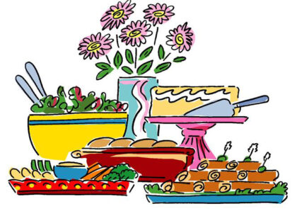 Salad, cake, various dishes, and a vase of flowers showing a table set with various courses.