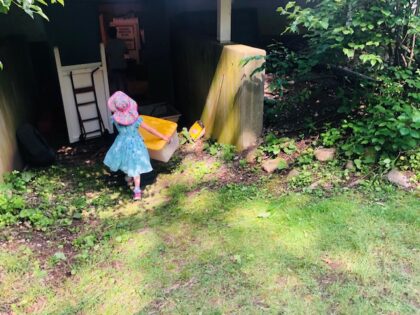 Young child helping to carry a bin to put things away.