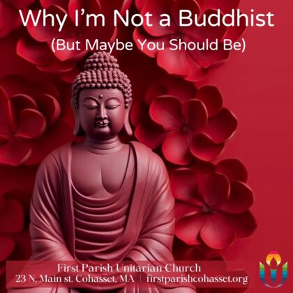 Cranberry colored background with a Buddha sitting in front of a flowering branch.