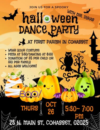 Orange background with jack-o-lanterns and cats advertising a Halloween Dance Party.