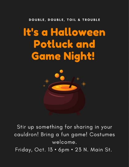 Black background with Orange writing advertising the details of the event. Shown is a pumpkin cauldron in the center.