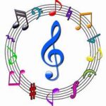 Royal blue G-Clef music Symbol in the middle of a circle surrounded by circular sheet music with musical notes.