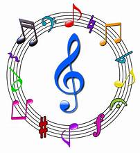 Royal blue G-Clef music Symbol in the middle of a circle surrounded by circular sheet music with musical notes.