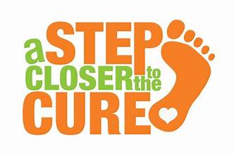Orange footprint with white heart in the hell on the right vertical border with MS slogan "a step closer to the cure" written in the middle with green and orange lettering.