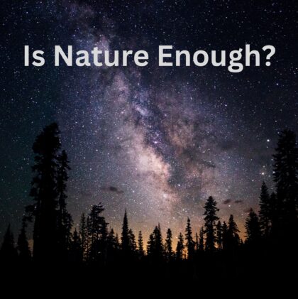dark sky with tall trees in the background with the words "Is Nature Enough?" at the top in white.