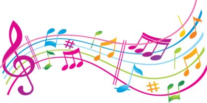 Colorful musical notes seemingly dancing atop sheet music
